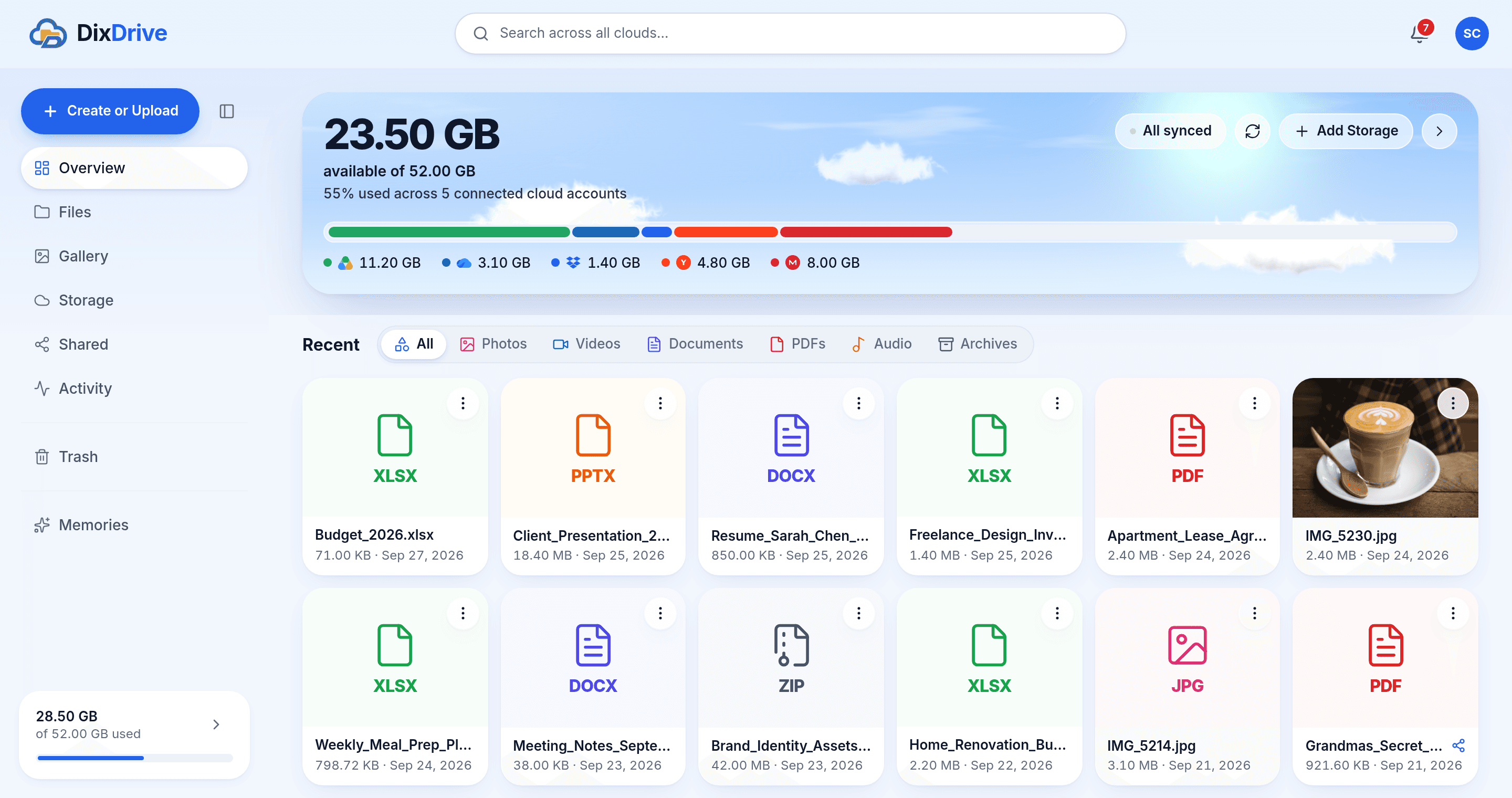 DixDrive overview: 23.5 GB free across five connected cloud accounts, above a grid of recent photos and documents from each of them