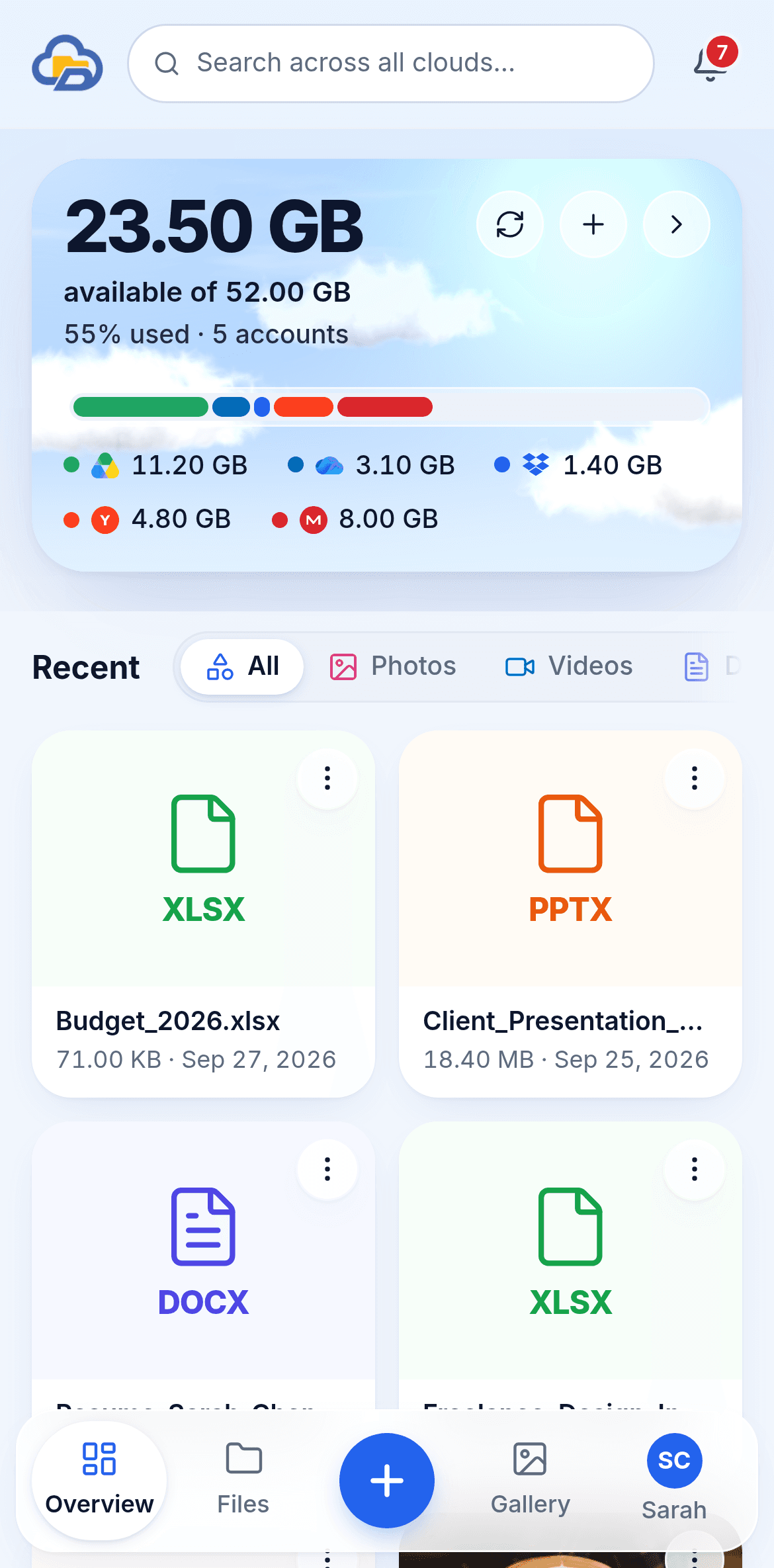DixDrive overview on a phone: free space across five connected cloud accounts, above recent files from each of them
